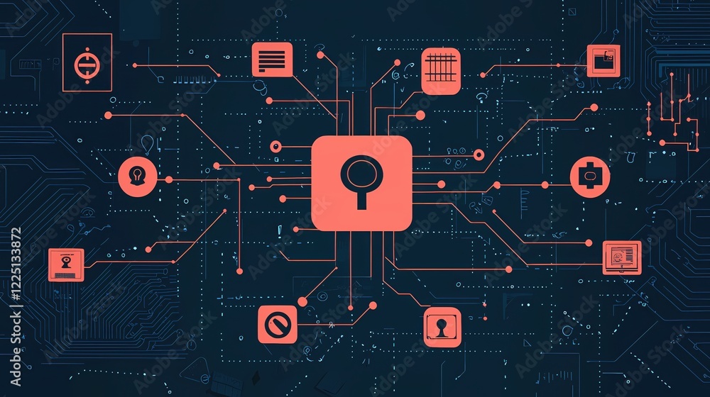 Poster digital network with connected icons on dark blue background showing data flow and technology