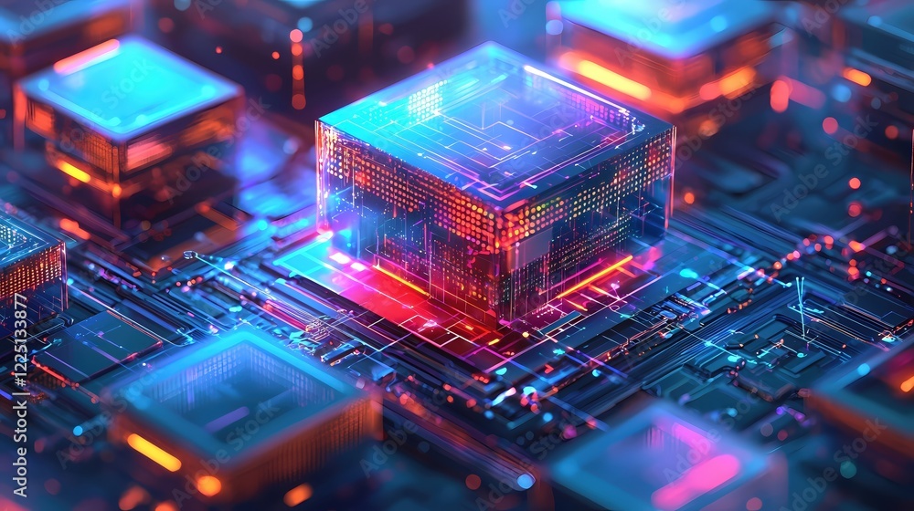 Poster abstract digital circuit board with glowing lights and geometric shapes in a futuristic design