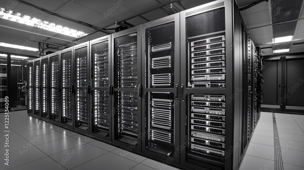 Poster data center server room with rows of racks and blinking lights in a monochrome style