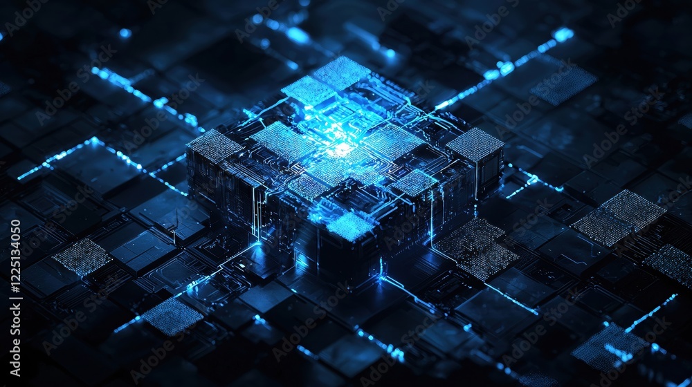 Aufkleber glowing blue digital network with intricate circuit board and data flow in futuristic style