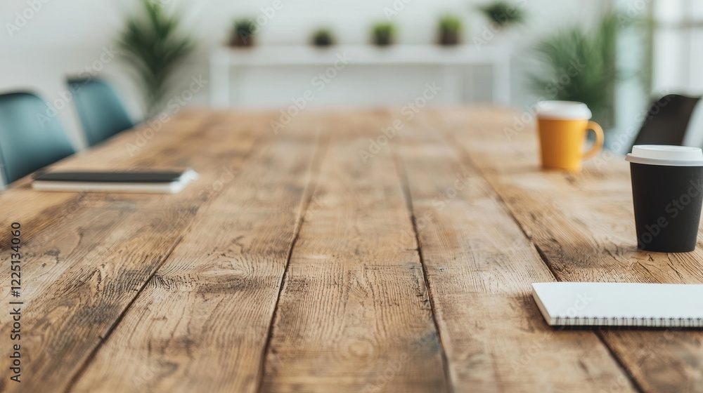 Poster wooden table with coffee and notebooks inviting to teamwork and idea sharing