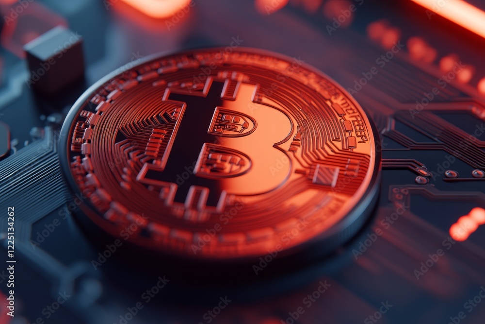 Poster close-up view of a bitcoin coin on a circuit board with glowing elements in a digital environment