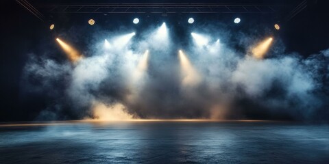 A dramatic stage scene with illuminated fog, perfect for promoting concerts, theatrical performances, or music festivals.