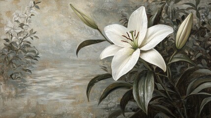 Elegant white lily painting with muted background.