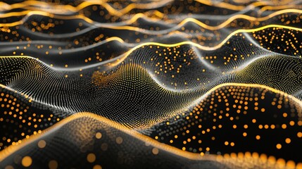 Abstract wavy surface of glowing points and lines on a dark background digital art