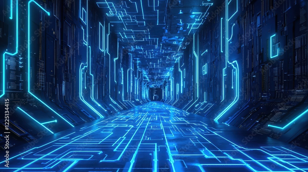 Aufkleber glowing blue lines form a futuristic tunnel with a dark background creating a digital pathway