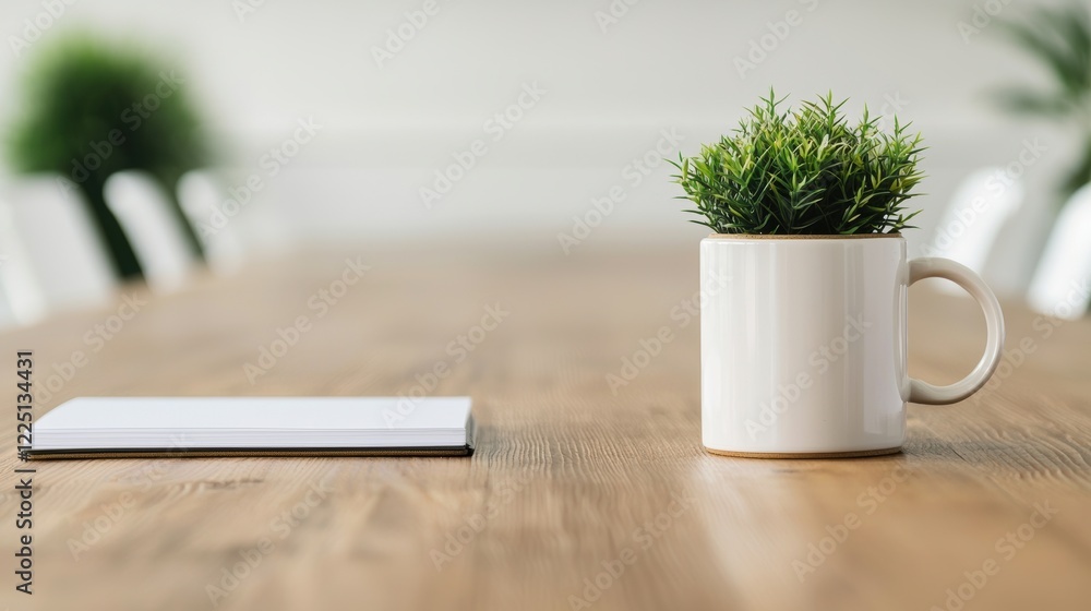 Poster notebook and plant in a mug resting on a wooden table in a modern office