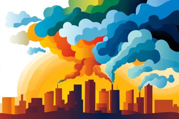 Fototapeta premium Urban skyline engulfed in colorful smoke and clouds at sunset illustrating pollution and environmental impact