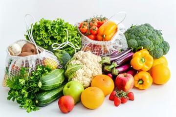 Supermarket reusable eco net bags full of healthy fruits and vegetables on top of the white background