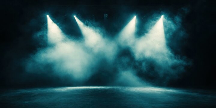 Mysterious stage lighting with smoke creates an atmospheric setting, ideal for promoting events, concerts, or theatrical performances.