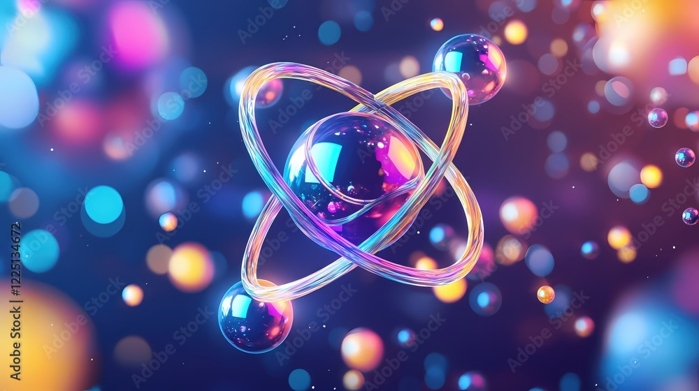 Poster abstract atom structure with bright colorful spheres and rings on a dark bokeh background
