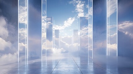 Obraz premium Abstract futuristic architecture with sky and clouds visible through transparent panels and floor