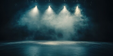 A dramatic stage scene with fog and spotlight effects, ideal for theatrical productions, music events, and promotional materials.