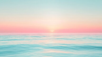 Naklejka premium Pastel pink and blue sunset over calm ocean water. Soft light, tranquil atmosphere. Minimalist seascape with subtle texture. Perfect for serenity