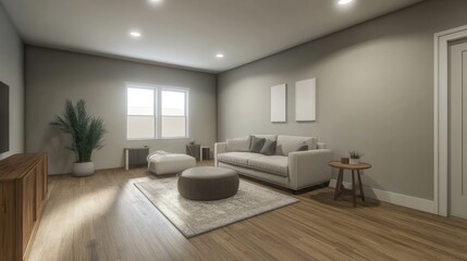 Clean and simple living room design with a mock-up wall, comfortable furniture, and bright lighting
