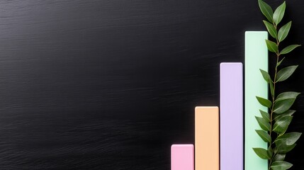 Colorful bar graph with greenery on black chalkboard background for business growth visualization