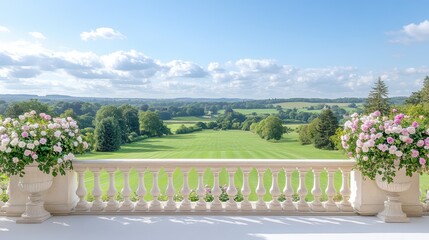 Elegant balcony overlooking vast green golf course with lush landscaping and blue sky