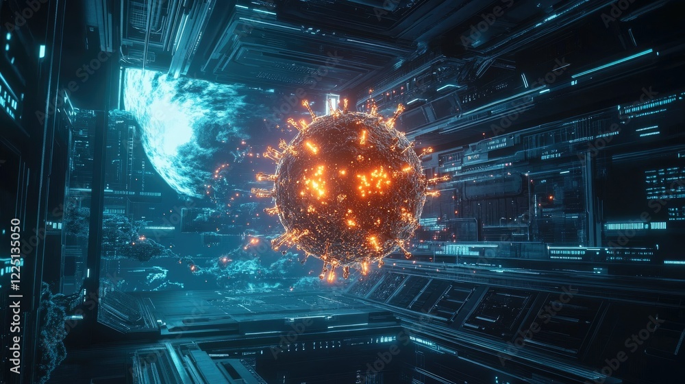 Poster conceptual image of a glowing virus particle expanding across continents on a futuristic background
