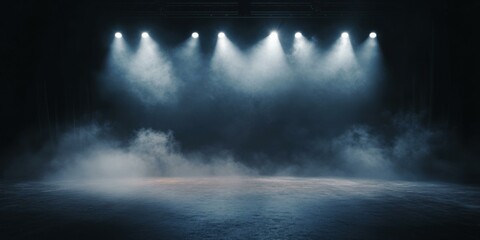Mysterious stage scene with dramatic lighting and fog, ideal for theatrical productions, concerts, and promotional materials for events.