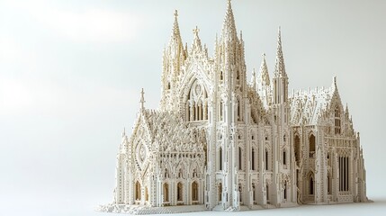 Towering Gothic Cathedral with Intricate Spires and Detailed Facade Against White Background