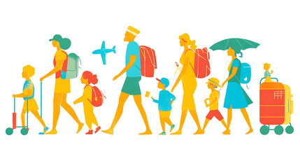 Flat design multi-family vacationers, coordinating a group itinerary, bright simple shapes on a white background 