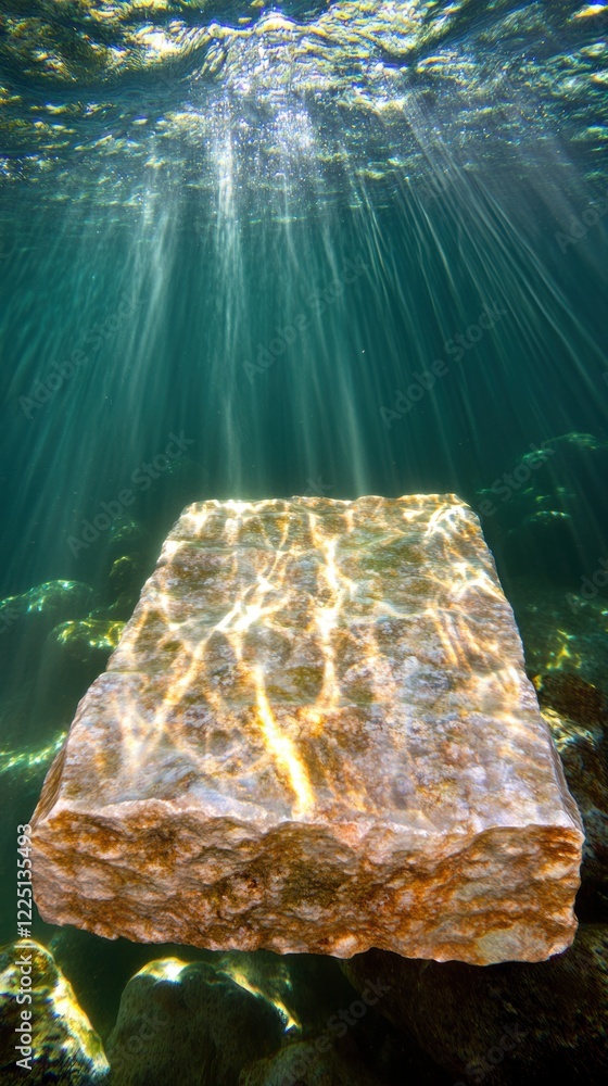 Poster underwater stone with sunlight rays creating patterns in clear blue water
