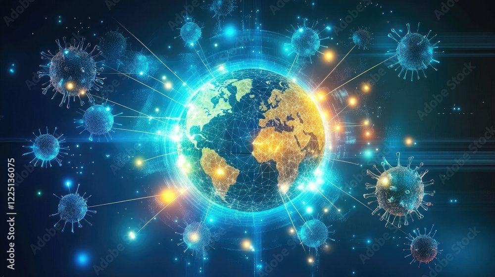Poster digital illustration of a virus particle with glowing connections representing global spread and imp