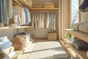 Neatly organized minimalist closet with neutral tones. Perfect for showcasing organization, storage, and calm living aesthetics.
