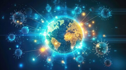 Obraz premium Digital illustration of a virus particle with glowing connections representing global spread and impact