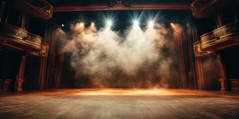 A dramatic theater stage illuminated by bright lights and enveloped in mist, perfect for promoting performances, events, or theatrical productions.