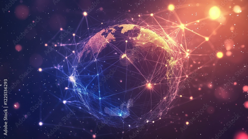 Poster digital illustration of a virus particle with glowing connections representing global spread and imp