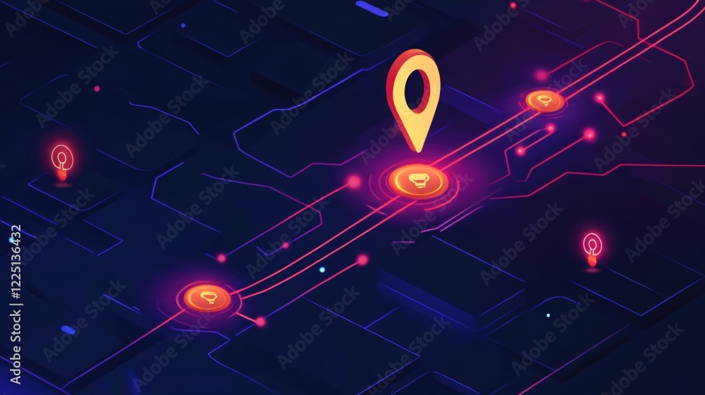 Poster neon digital map with glowing pins and lines showing location and connection network
