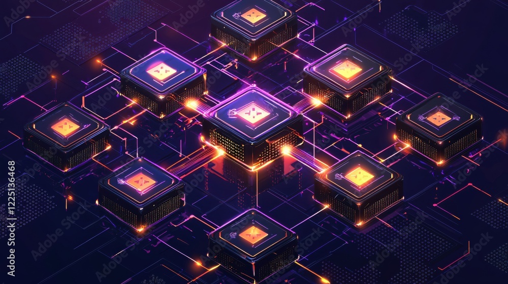 Poster abstract network with glowing cubes and connecting lines on a dark surface technology concept