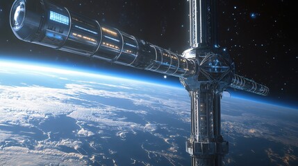 Futuristic space station orbiting earth in deep space with stars and atmospheric glow