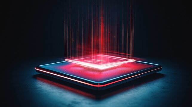 Glowing red lines emanate from a dark tablet on a dark surface creating a futuristic scene