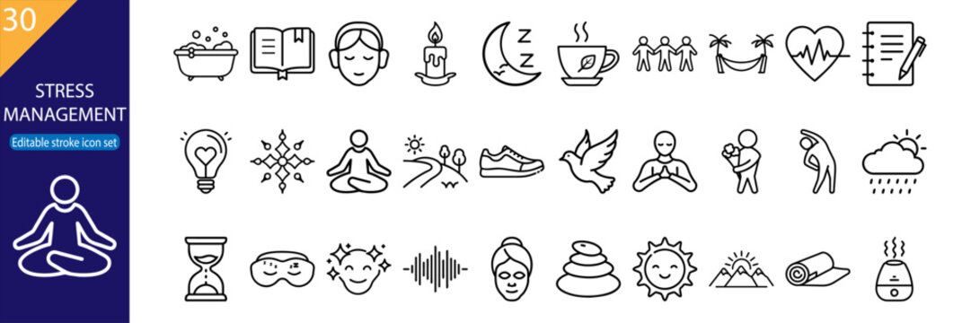 Diverse icons illustrating stress management techniques and wellness activities