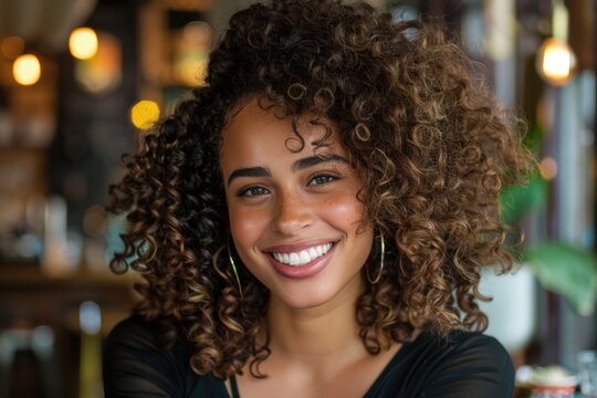 Black women with natural curly hair, smiling warmly in cozy settings, radiate beauty and elegance, perfect for lifestyle and beauty promotions.