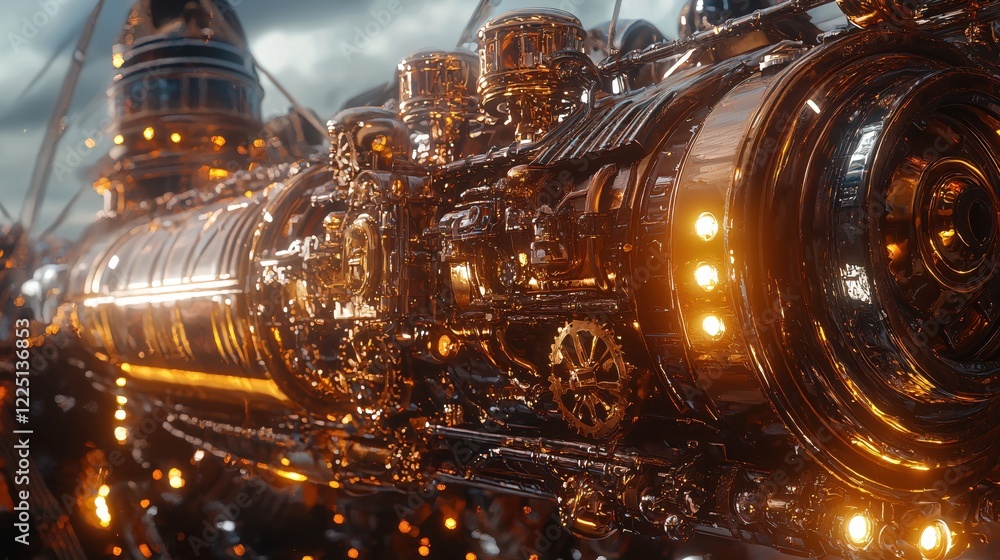 Poster golden engine with complex mechanics and bright lights in a futuristic steampunk design