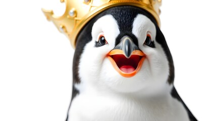 Obraz premium Close-up of happy penguin wearing a crown. Funny and excited expression on white background