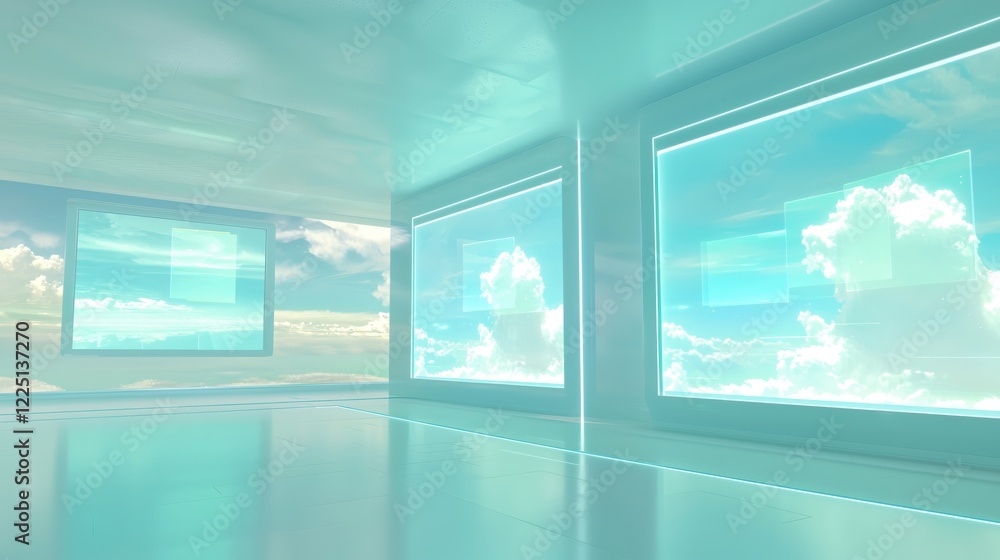 Poster minimalist interior with sky view through large windows creating a serene and futuristic atmosphere
