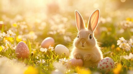 Cute bunny sitting among colorful eggs in a sunny spring meadow