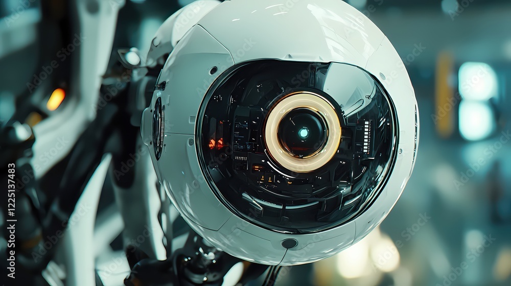 Poster futuristic white robot with glowing eye and internal circuits in a blurred industrial setting