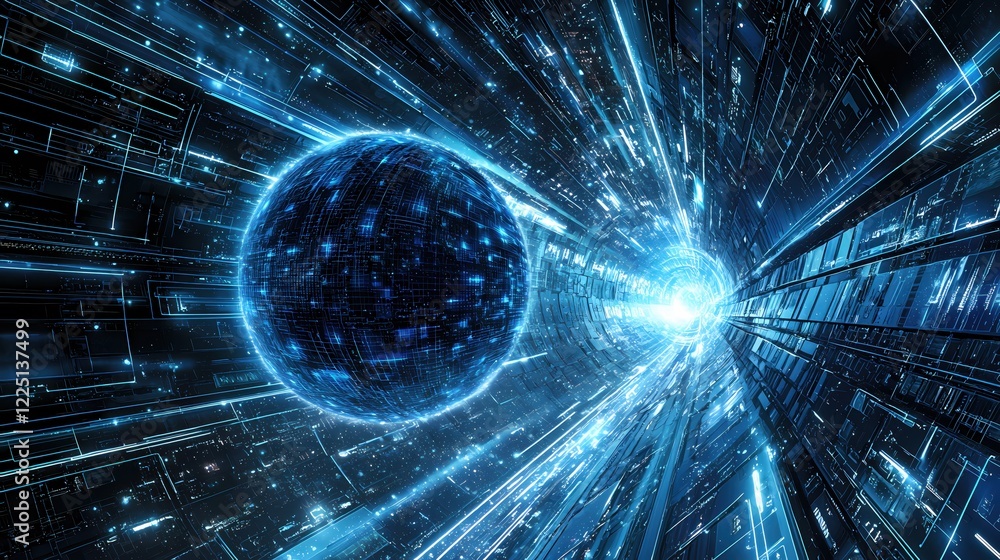 Poster glowing sphere in a futuristic tunnel with bright light and digital grid patterns and lines