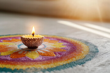 close up of beautifully decorated diya on vibrant rangoli design, radiating warmth and light