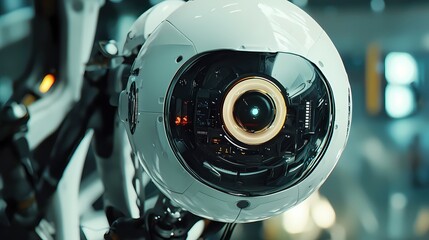 Fototapeta premium Futuristic white robot with glowing eye and internal circuits in a blurred industrial setting