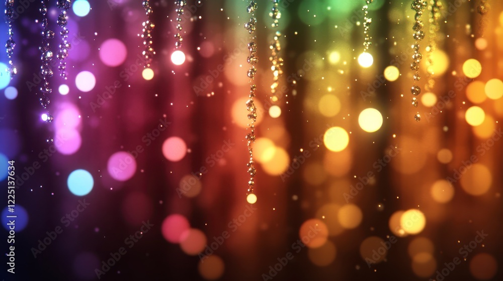 Poster vibrant rainbow bokeh background with sparkling lights and hanging strands of glittering particles. 