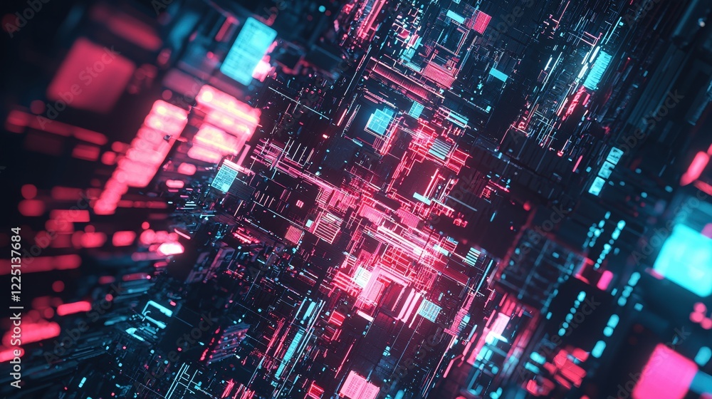 Poster abstract geometric pattern with glowing lines in blue and red colors on a dark background