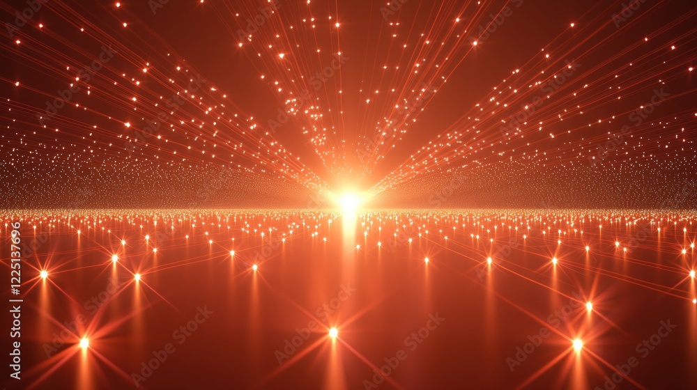 Poster abstract orange light burst with radiating lines and glowing points on a dark background