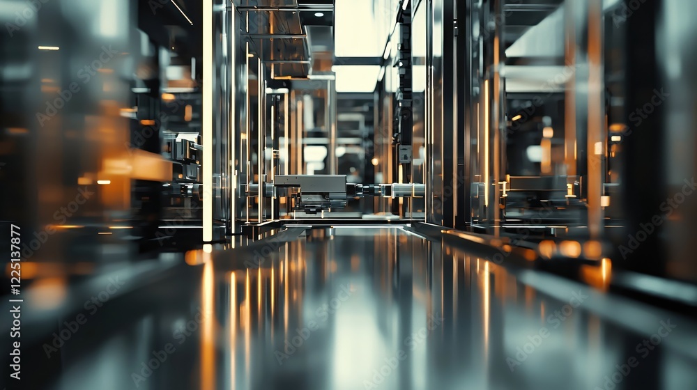 Poster abstract metallic corridor with glowing lines and reflective floor in a futuristic style