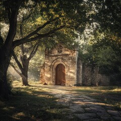 Sunlit stone chapel nestled in ancient trees.